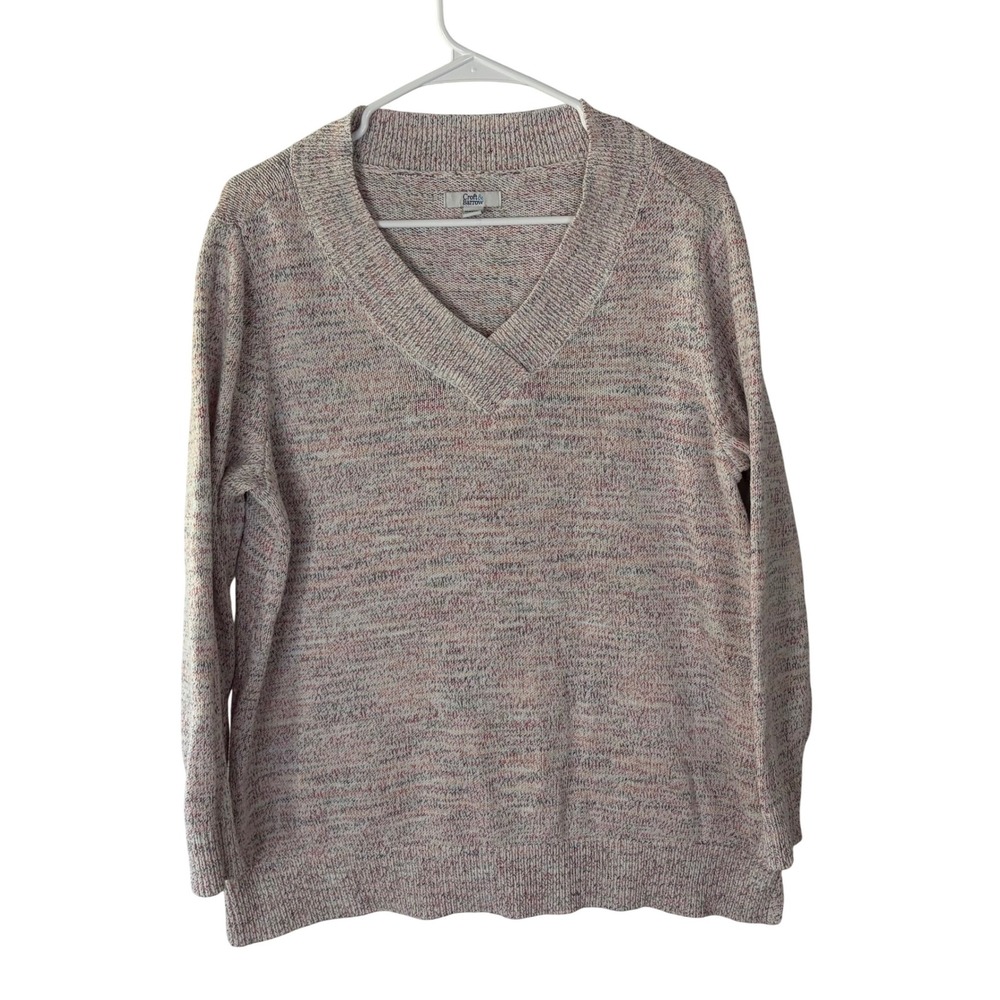 Croft‎ & Barrow Women's Plus 1X V-Neck Sweater Beige Marled Pink Blue Knit